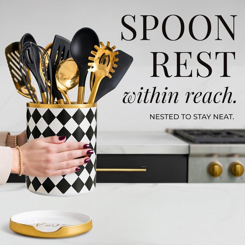 styled settings Black & White Checkered Utensil Holder Set – Large Ceramic Kitchen Utensil Holder for Countertop with Gold Spoon Rest – Stylish Checkered Kitchen Decor & Organizer - Image 3